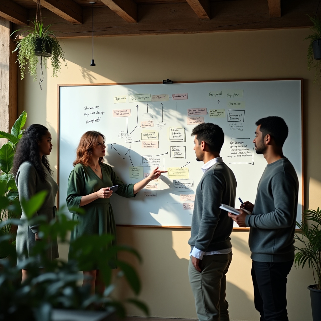 Team zeichnet einen Datenfluss zwischen Abteilungen auf einem Whiteboard
