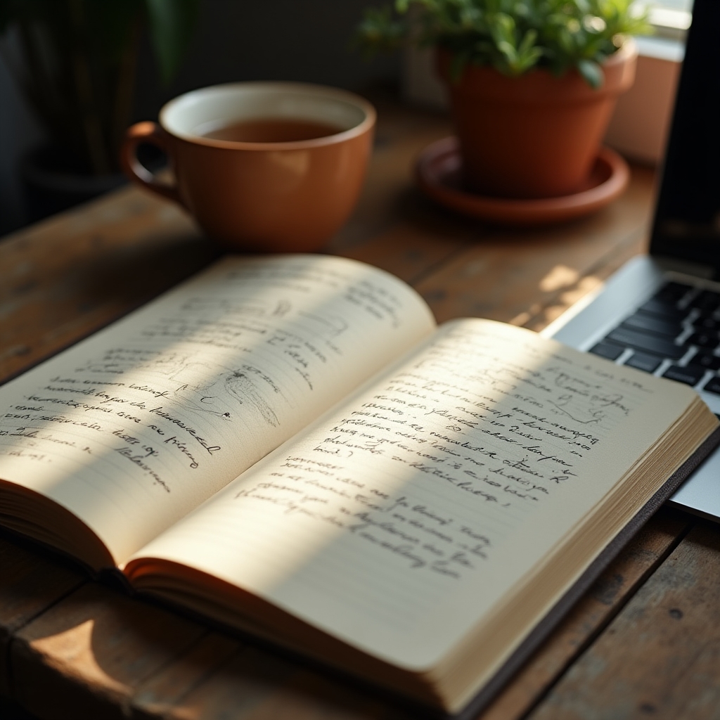 Notizbuch und Laptop mit Reporting-Auswertungen auf einem Holztisch
